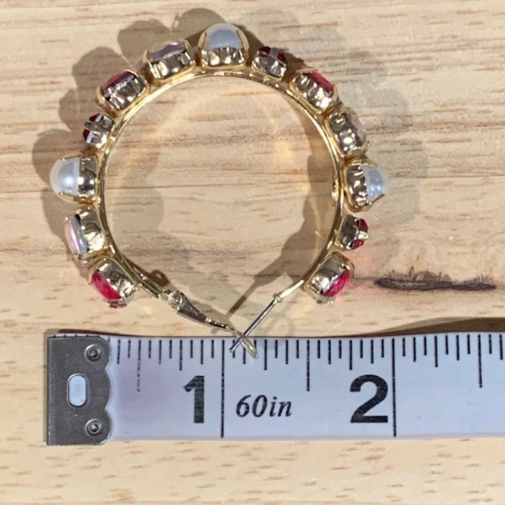 Pink Red Crystal Faux‎ Pearl Gold Tone Statement Hoop Earrings 1.5